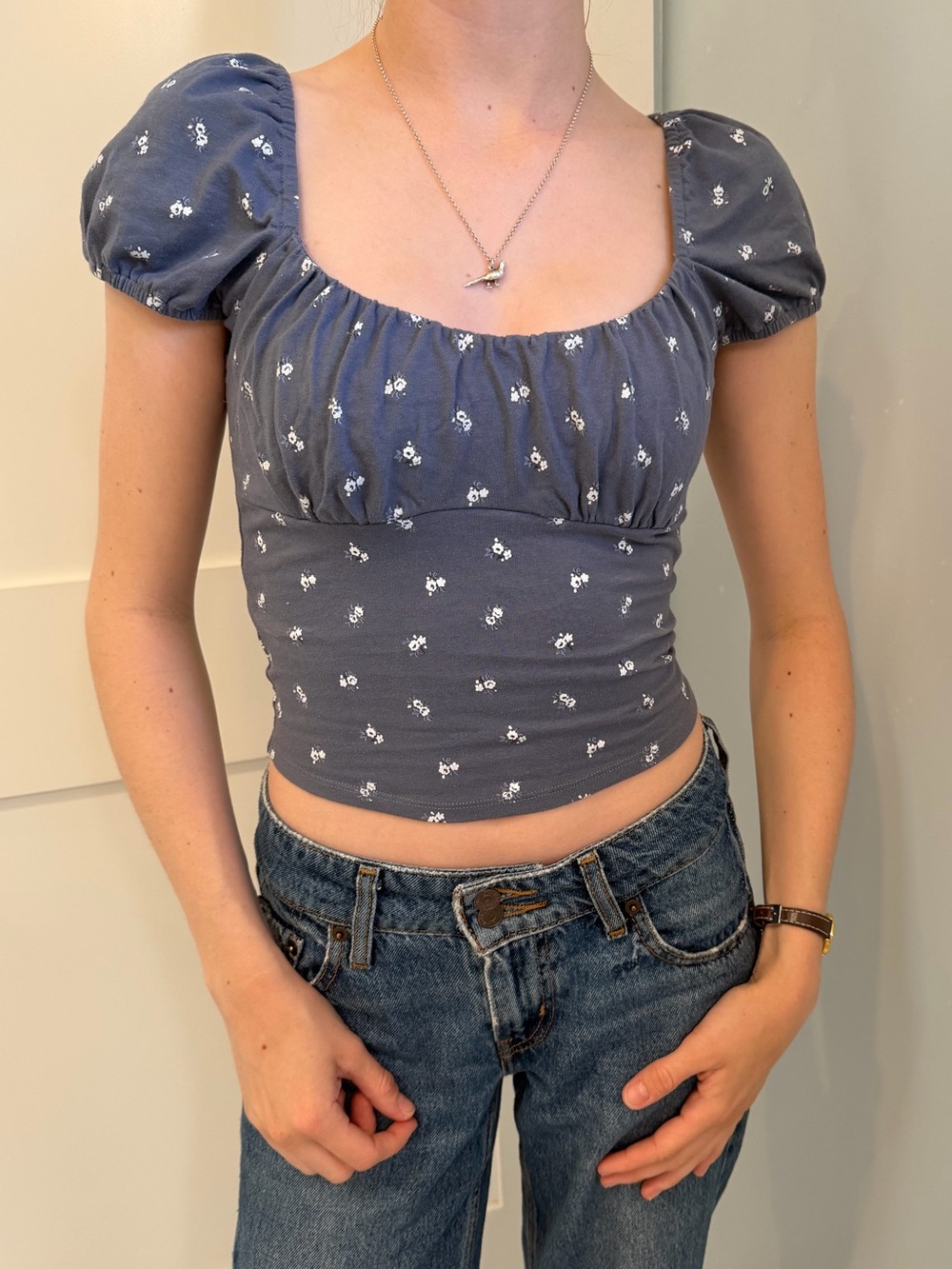 Hollister Smocked Square-Neck Crop Top in Dusty Blue